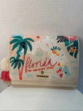 Spartina 449 Cream Canvas Florida Embroidered Clutch with Teal & Coral Accents